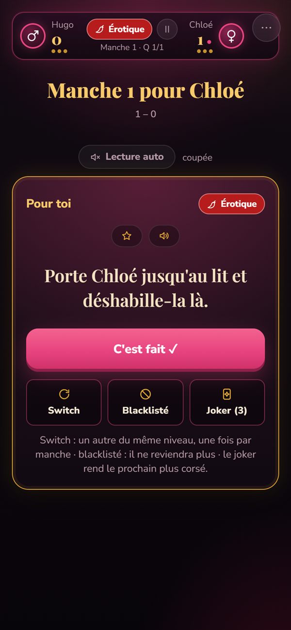 Écran de Brain & Bed : un gage de niveau Érotique pour Hugo, avec Switch, Blacklister et Joker