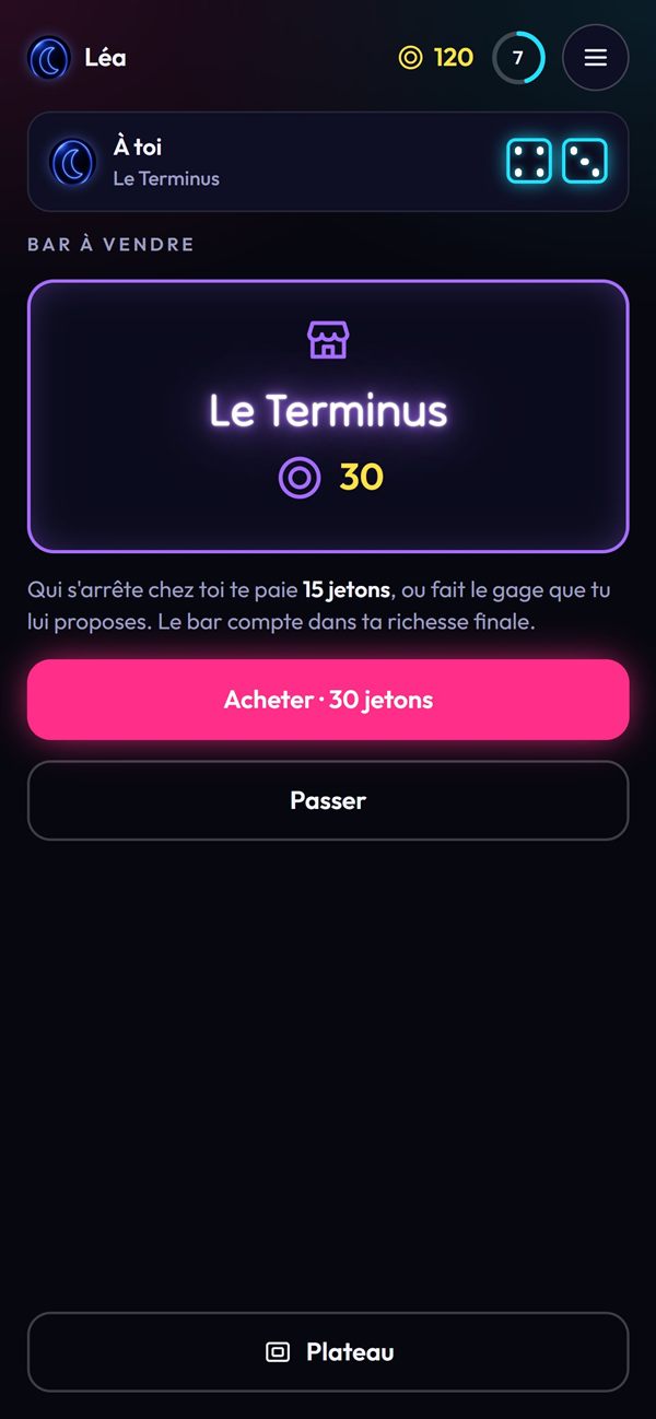 Un bar à vendre : l'acheter pour 30 jetons ou passer