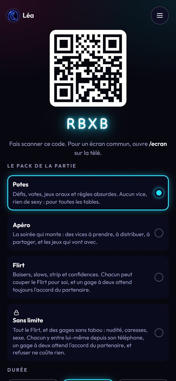 Le salon : QR code de la partie et choix du pack