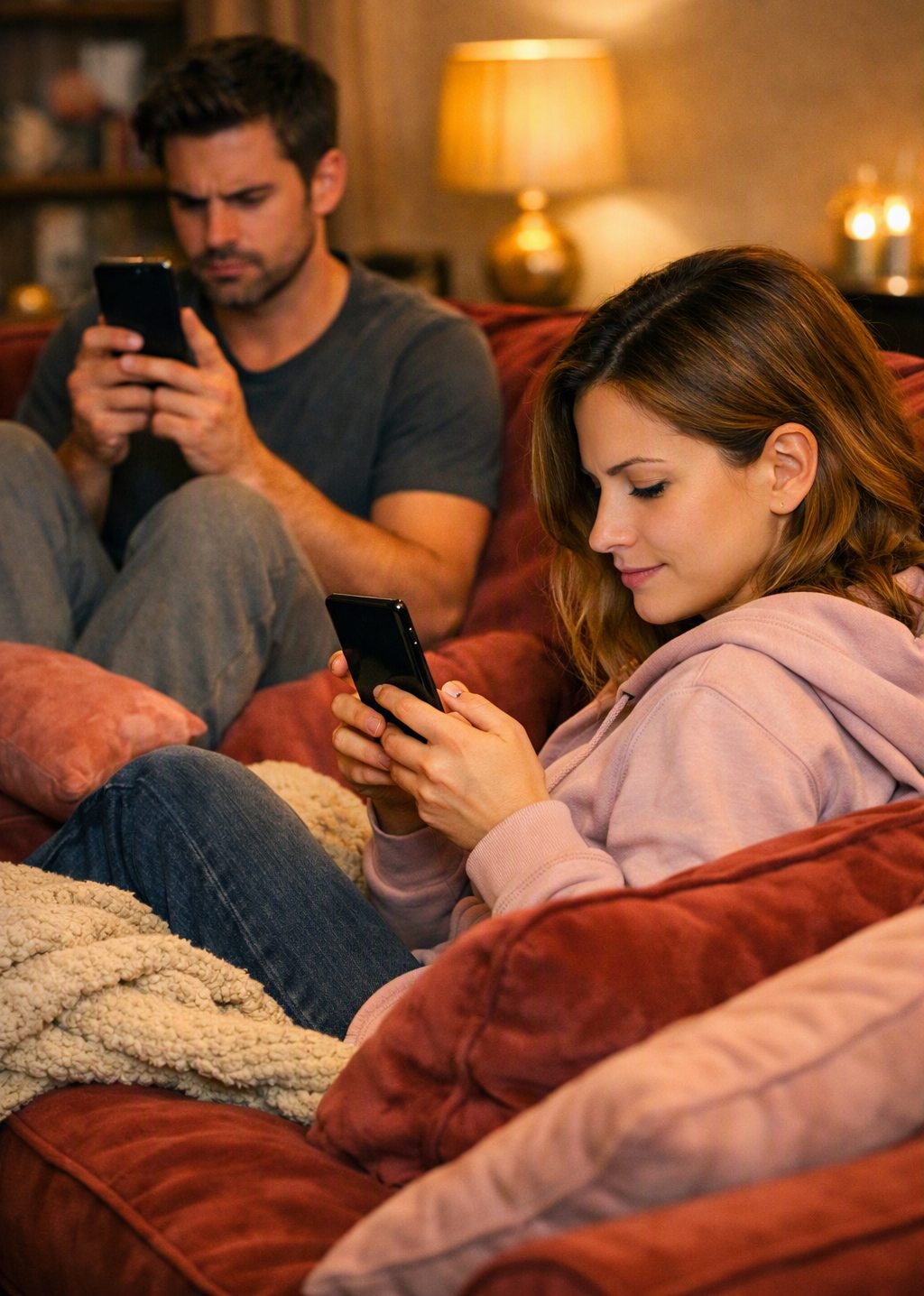 Un couple sur un canapé, chacun concentré sur son téléphone, à la lumière d'une lampe