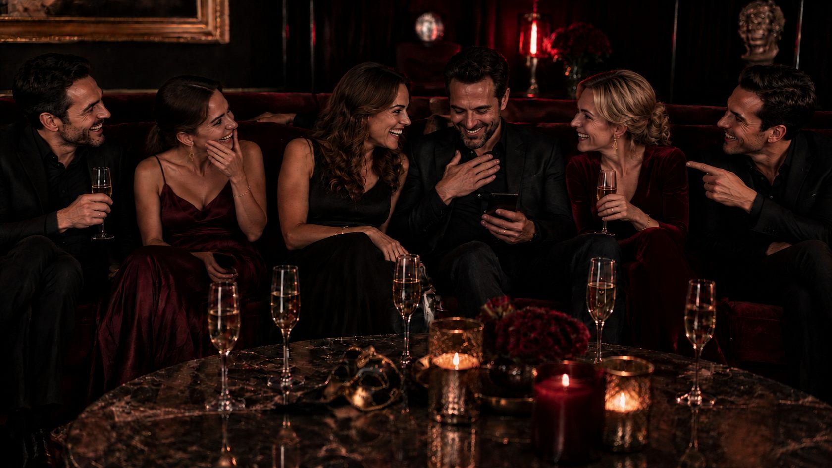 Six amis en tenue de soirée rient sur un canapé de velours, l'un regarde son téléphone, des masques posés sur la table